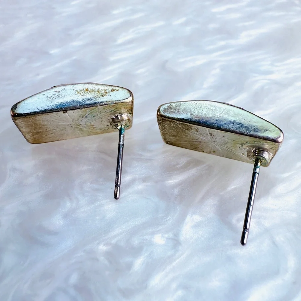 Vintage Aged Silvertone Green Stud Pierced Earrings